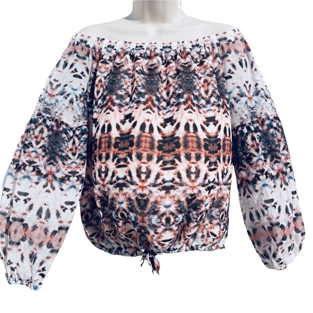 Nwt LAVENDER BROWN off-shoulder print blouse balloon sleeves abstract small 7037